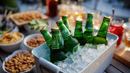 Several green beer bottles sitting in an ice chest surrounded by snacks and drinks at an outdoor summer partyの素材