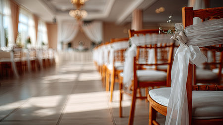 Rows of empty chairs at a wedding venue before guests arrive, soft decorations visible in the backgroundの素材