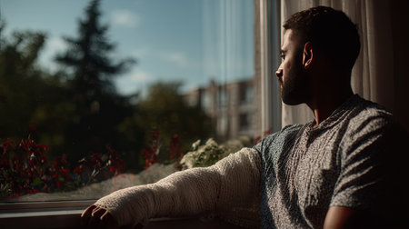 Side profile of a man with arm brace and splint, looking out a window, deep in thought during recoveryの素材