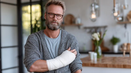 Portrait of a man with a cast and splint, holding a pain relief pack against his injured arm at homeの素材