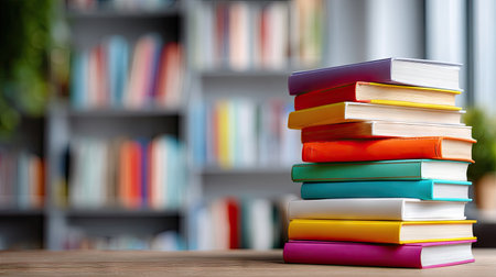 Stack of colorful educational books on a table in front of blurred shelves, suggesting focus and learningの素材