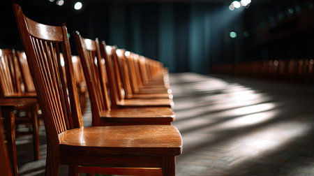 Rows of empty chairs neatly arranged in an auditorium, stage dimly lit, creating a mood of anticipation and silenceの素材