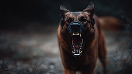 Scary dog displaying aggressive behavior with bared teeth, muscles tensed and hackles raisedの素材