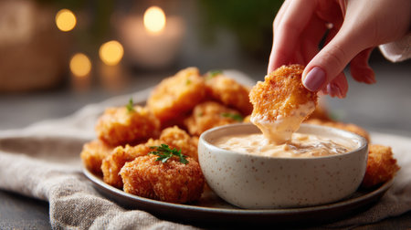 Side view of a woman dipping a chicken nugget into a bowl of creamy dipping sauce, with a plate of crispy nuggets on the sideの素材