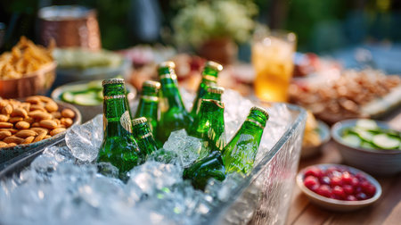 Several green beer bottles sitting in an ice chest surrounded by snacks and drinks at an outdoor summer partyの素材