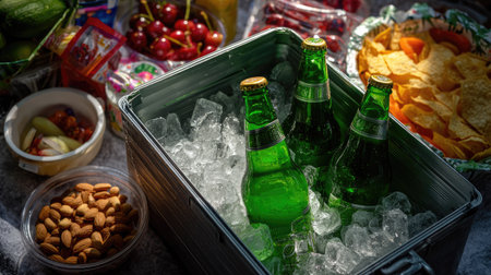 Several green beer bottles sitting in an ice chest surrounded by snacks and drinks at an outdoor summer partyの素材