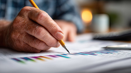 Top view of man's hand holding pencil and making notes on a printed financial documentの素材