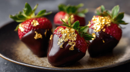 Strawberries with a glossy chocolate coating, decorated with edible gold leaf for an upscale dessert experienceの素材