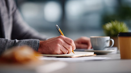 Professional worker with pencil in hand, writing thoughts during a quiet brainstorming sessionの素材