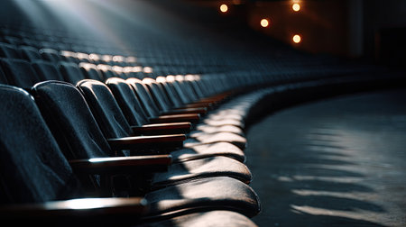 Pattern of many empty theater seats under dim lights, evoking solitude and quiet before a performanceの素材