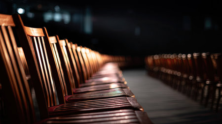 Rows of empty chairs neatly arranged in an auditorium, stage dimly lit, creating a mood of anticipation and silenceの素材