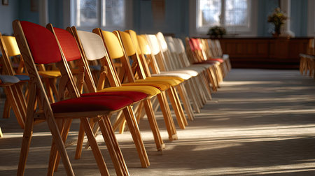 Rows of unoccupied chairs in a church or hall, suggesting stillness before a service or community meetingの素材