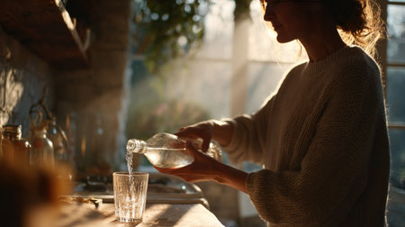 Side angle of a woman in a cozy kitchen pouring water from a glass bottle into a tumbler, with sunlight shining through a windowの素材