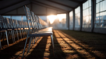 Wide shot of empty metal chairs in an event tent, sunlight casting shadows across the rowsの素材