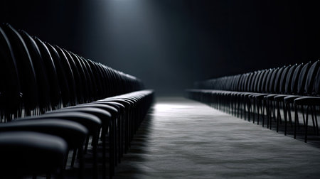 Rows of empty chairs neatly arranged in an auditorium, stage dimly lit, creating a mood of anticipation and silenceの素材