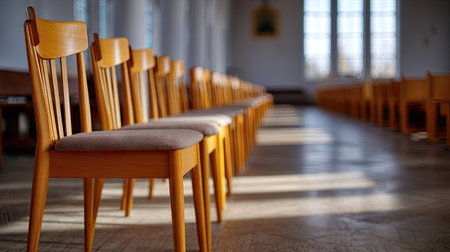 Rows of unoccupied chairs in a church or hall, suggesting stillness before a service or community meetingの素材