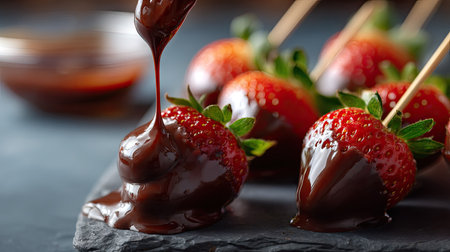 Side view of strawberries being dipped into melted chocolate with a smooth glossy finish, ready to be servedの素材