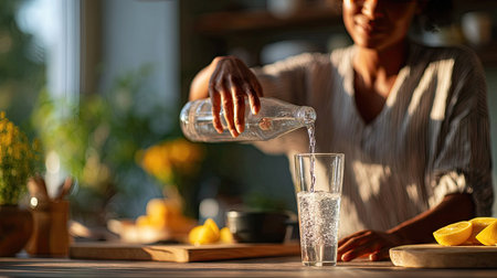 Side view of a woman pouring water from a bottle into a tall glass, with a soft-focus kitchen background creating a peaceful atmosphereの素材