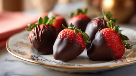 Strawberries covered in smooth chocolate, artistically arranged on a decorative plate with a soft-focus backgroundの素材