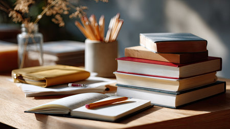 Several books stacked beside an open notebook and pencil case, portraying a focused study sceneの素材