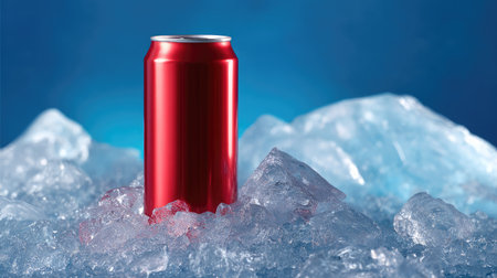 Single beverage can perfectly centered in ice, minimalistic composition for bold product presentationの素材