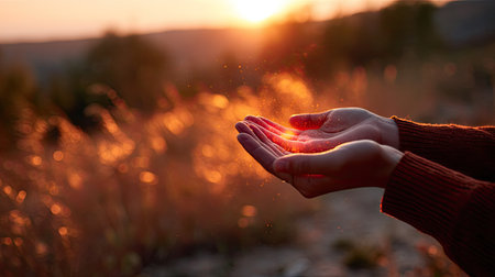 Soft focus image of a woman's hands catching the sunset light, skin glowing with gentle orange and gold tonesの素材