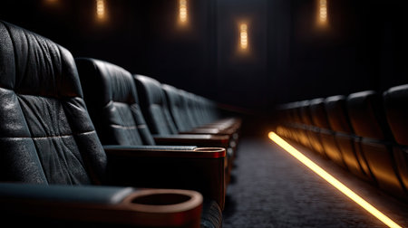 Side view of luxury cinema seats in an empty theater, perfect alignment under soft LED strip lightingの素材