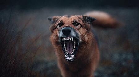 Scary dog displaying aggressive behavior with bared teeth, muscles tensed and hackles raisedの素材