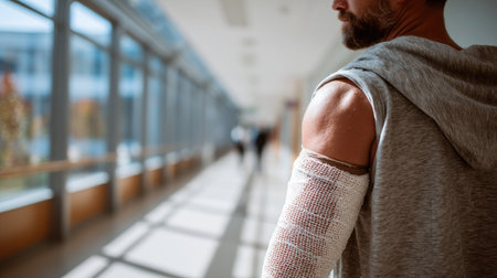 Side view of a man with an upper limb splint, wearing a sling and standing in a hospital hallwayの素材