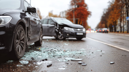 Two cars collided at an intersection with visible front-end damage, broken glass on the road, and airbags deployedの素材