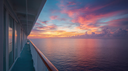 Stunning sea view from a cruise ship's balcony, with sparkling blue water and an early morning sky full of colorの素材