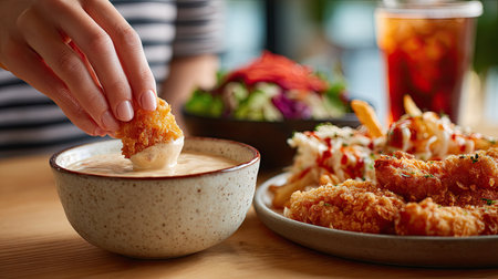 Side angle of a woman dipping a chicken nugget into a bowl of creamy sauce, with a plate of food and an iced drink nearbyの素材