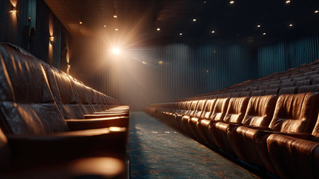 Wide shot of an empty cinema hall filled with modern leather armchairs, dim ceiling lights casting a warm glowの素材