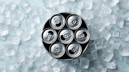 Top view of aluminum cans arranged in a circle within crushed ice, highlighting freshness and symmetryの素材