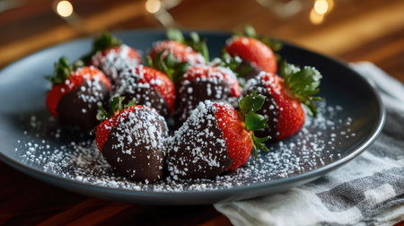 Strawberries dipped in dark chocolate and sprinkled with powdered sugar, ready to serve as a delicious treat for a celebrationの素材