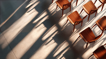Top-down view of uniform empty chairs in a grid layout, casting long shadows across a polished floorの素材