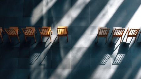 Top-down view of uniform empty chairs in a grid layout, casting long shadows across a polished floorの素材