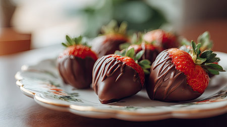 Strawberries covered in smooth chocolate, artistically arranged on a decorative plate with a soft-focus backgroundの素材