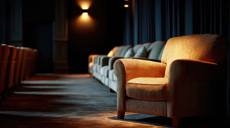 Silent movie hall with cozy armchairs lit gently by ambient lighting, screen out of frameの素材