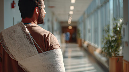 Side view of a man with an upper limb splint, wearing a sling and standing in a hospital hallwayの素材