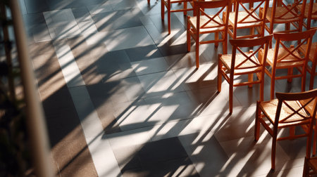 Top-down view of uniform empty chairs in a grid layout, casting long shadows across a polished floorの素材