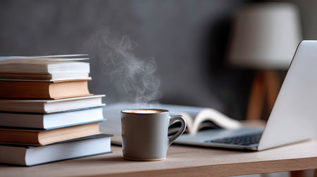 Study table with reference books, laptop, and a steaming mug of coffee, ideal for student lifestyle or remote learning conceptの素材