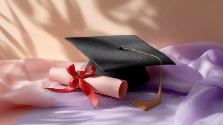 A graduation cap with a diploma tied with ribbon, set against a pastel-colored background, evoking a light and celebratory moodの素材