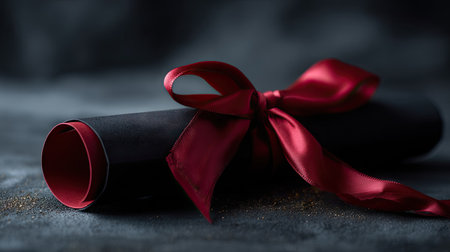 A graduation cap with a rolled diploma tied with a ribbon, placed on a dark background with soft lighting to create a dramatic, elegant shotの素材