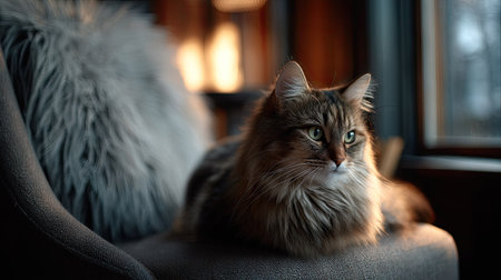 A long-haired cat sitting regally on a plush chair, its soft fur glistening under soft ambient lightの素材