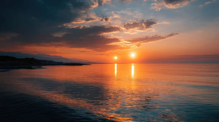 A peaceful orange sunset over the calm sea, with the warm colors of the sky reflected on the water's surface, creating a serene sceneの素材