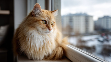 A long-haired cat with beautifully soft fur sitting gracefully on a windowsill, gazing out over the cityの素材