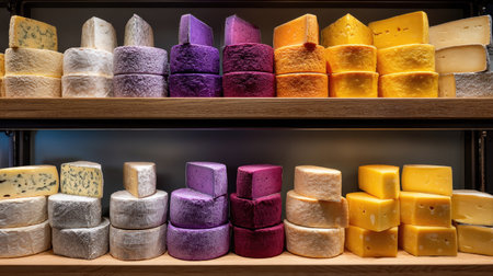 A well-organized shelf filled with wedges and rounds of cheese in various colors, showcasing the diversity of cheese in a shop settingの素材