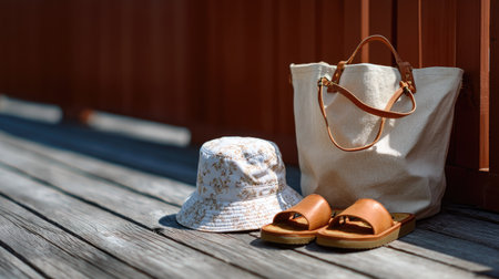 A retro-style bucket hat placed on a wooden deck beside a pair of sandals and beach bagの素材