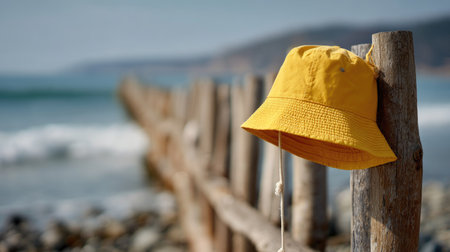 A yellow summer bucket hat hanging on a wooden fence by the seaside, evoking relaxed vacation vibesの素材